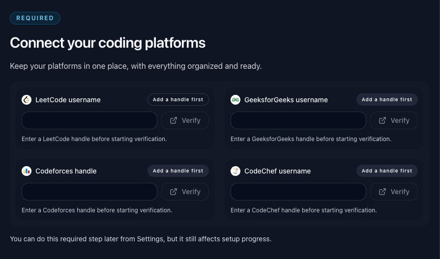 Connect coding platforms from onboarding
