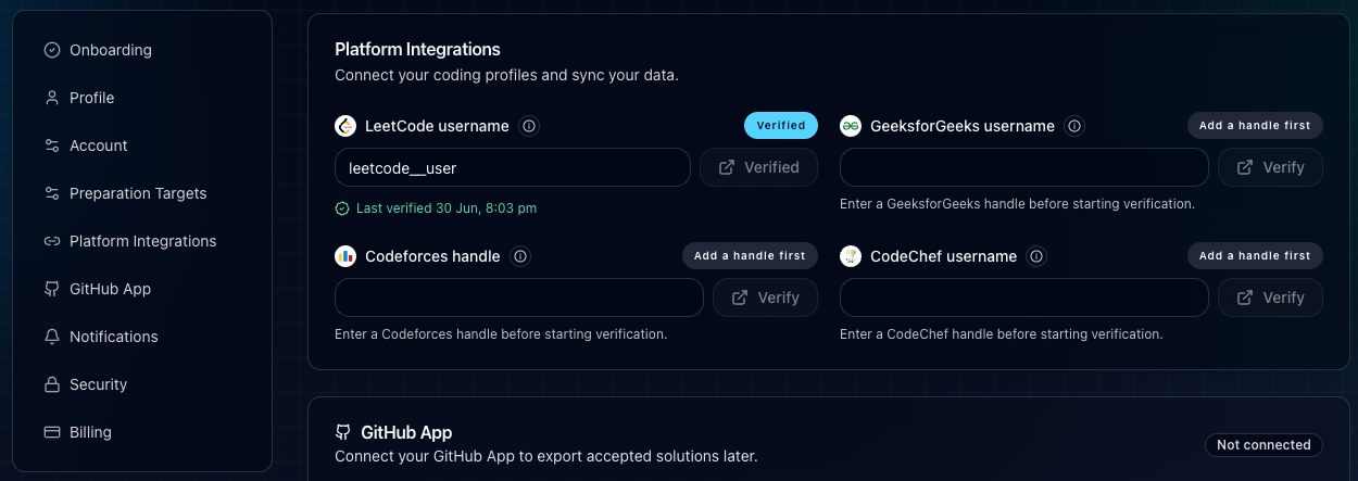 Verified platform handle in settings